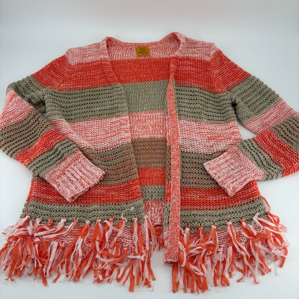 Ruby Rd. Fall Orange and Brown‎ Striped Fringe Cardigan Size Petite Medium